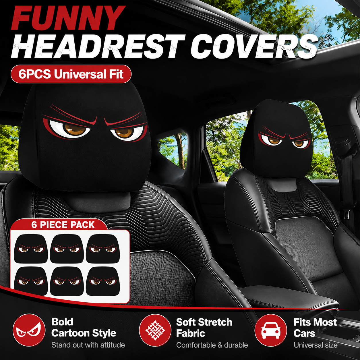๐ Funny Cartoon Car Headrest Covers โ 2PCS Universal Fit ๐
