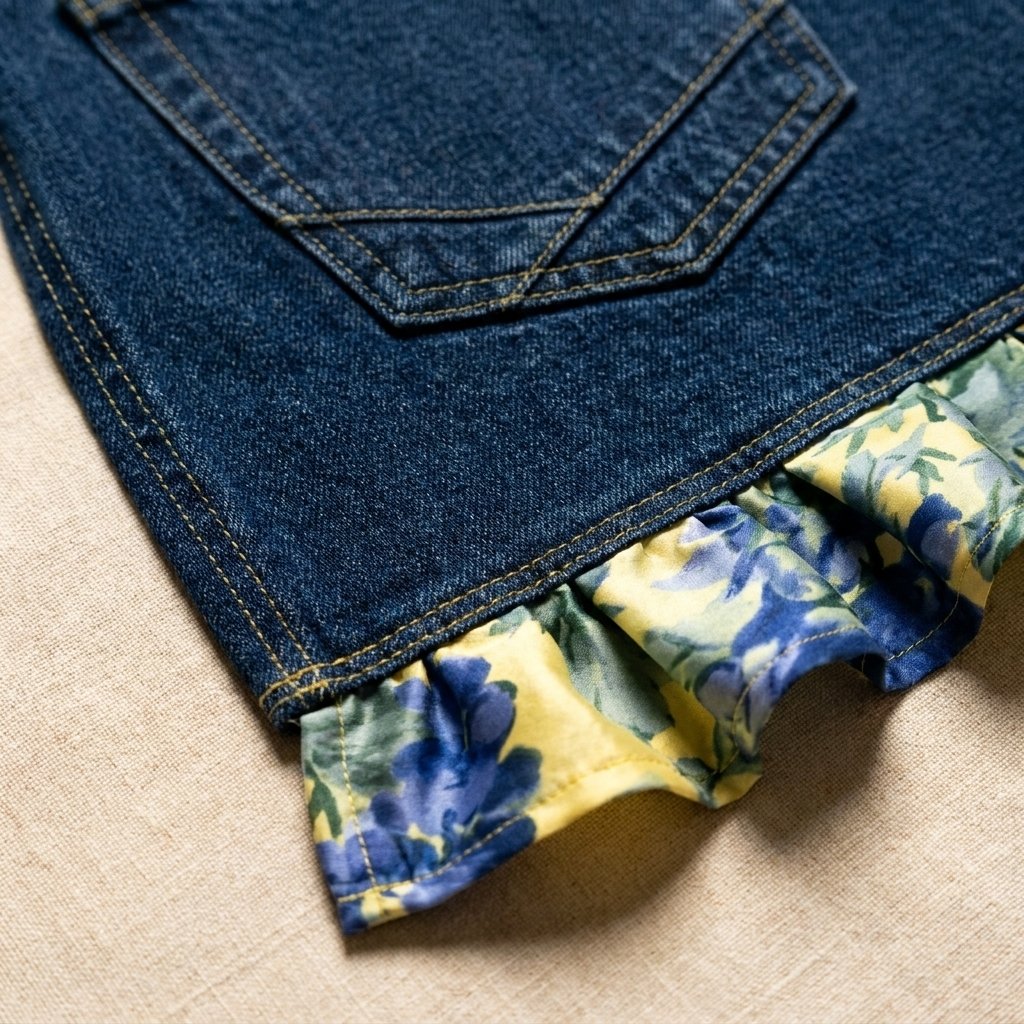 👖 牛仔荷叶边围裙 – 复古牛仔裤升级改造,花边蕾丝饰边 – 园艺厨房环保好礼 🧑🌾♻️