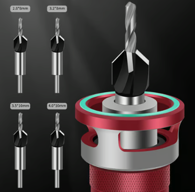 Vertex Precision 4-Flute Countersink Drill Bit Set with Adjustable Depth Stop