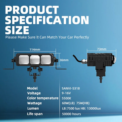 TyiiPlus 75W LED 行车灯 – 超亮 5500K 防水汽车射灯