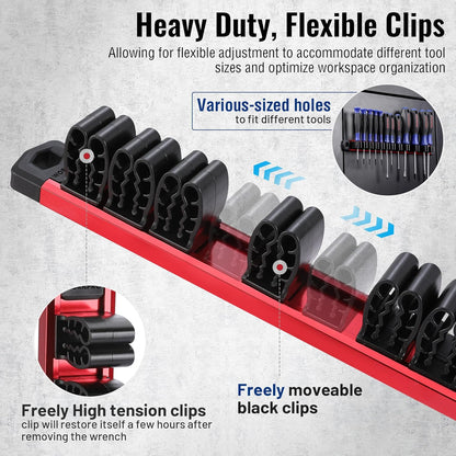 Magnetic Screwdriver & Wrench Organizer – 12-Slot Aluminum Rail, Tool Holder for Garage & Workshop