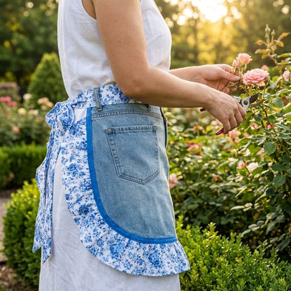 👖 牛仔荷叶边围裙 – 复古牛仔裤升级改造，花边蕾丝饰边 – 园艺厨房环保好礼 🧑‍🌾♻️