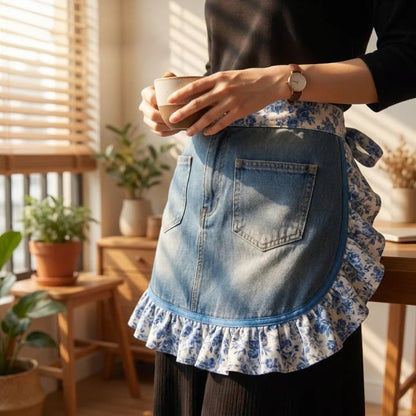 👖 牛仔荷叶边围裙 – 复古牛仔裤升级改造，花边蕾丝饰边 – 园艺厨房环保好礼 🧑‍🌾♻️